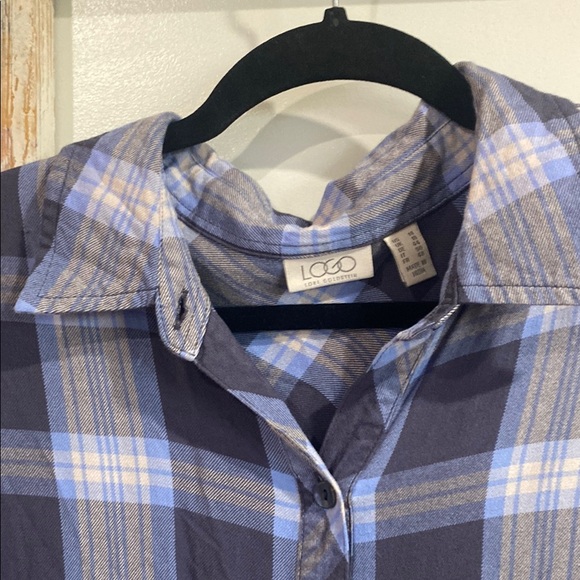 LOGO by Lori Goldstein Blue Plaid Button Down Shirt with Cream Lace - Picture 6 of 8